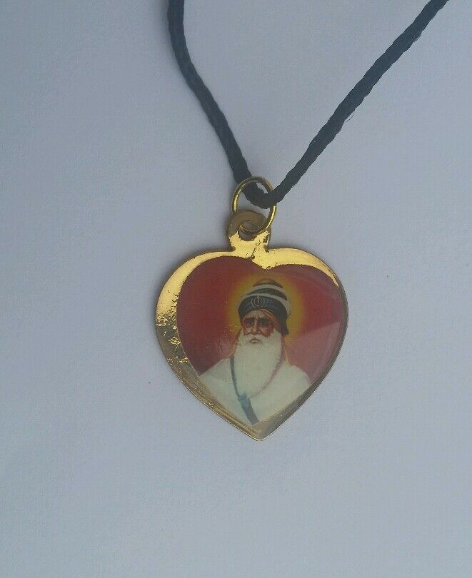 Sikh Double Sided Guru Nanak Ji Baba Deep Singh Ji Heart Pendant in black thread