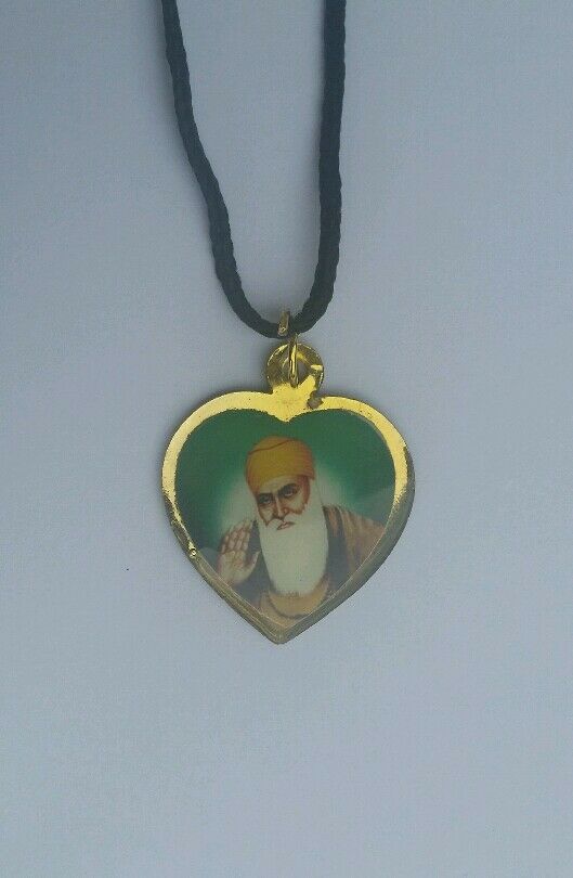 Sikh Double Sided Guru Nanak Ji Baba Deep Singh Ji Heart Pendant in black thread