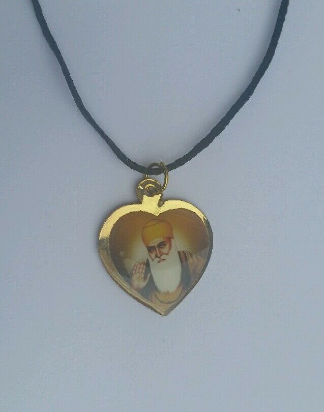 Sikh Double Sided Guru Nanak Ji Baba Deep Singh Ji Heart Pendant in black thread