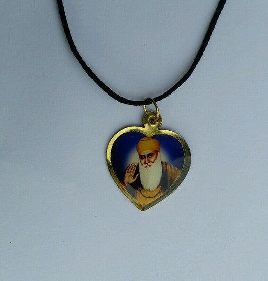 Sikh Double Sided Guru Nanak Ji Guru Gobind Singh Heart Pendant in black thread