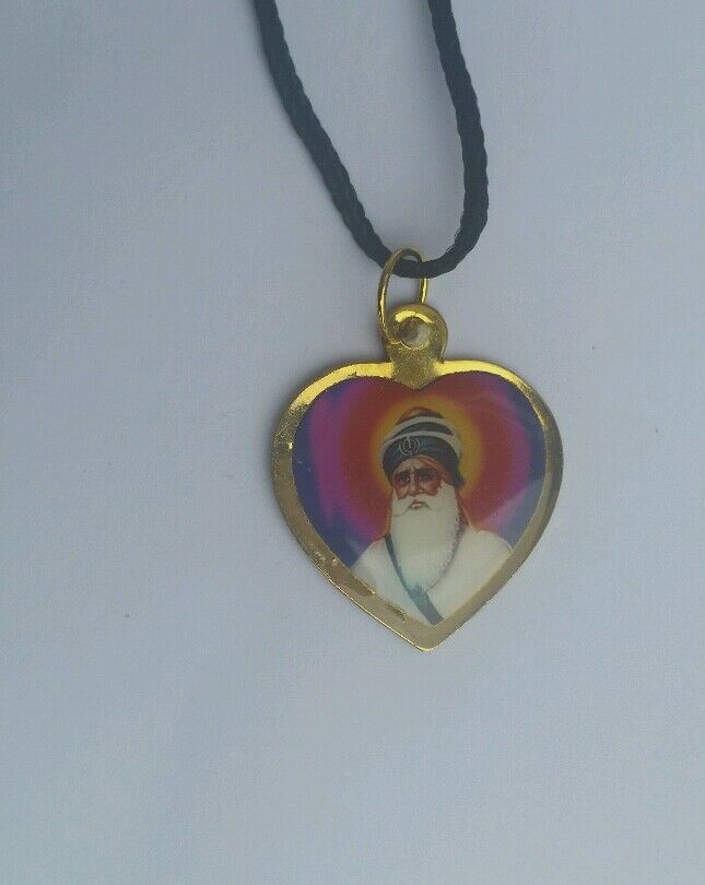 Sikh Double Sided Guru Nanak Ji Baba Deep Singh Ji Heart Pendant in black thread