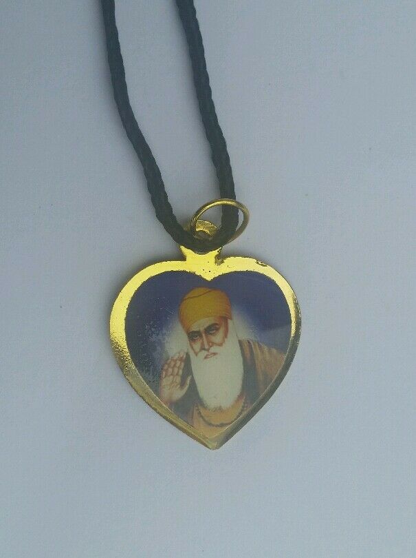 Sikh Double Sided Guru Nanak Ji Baba Deep Singh Ji Heart Pendant in black thread