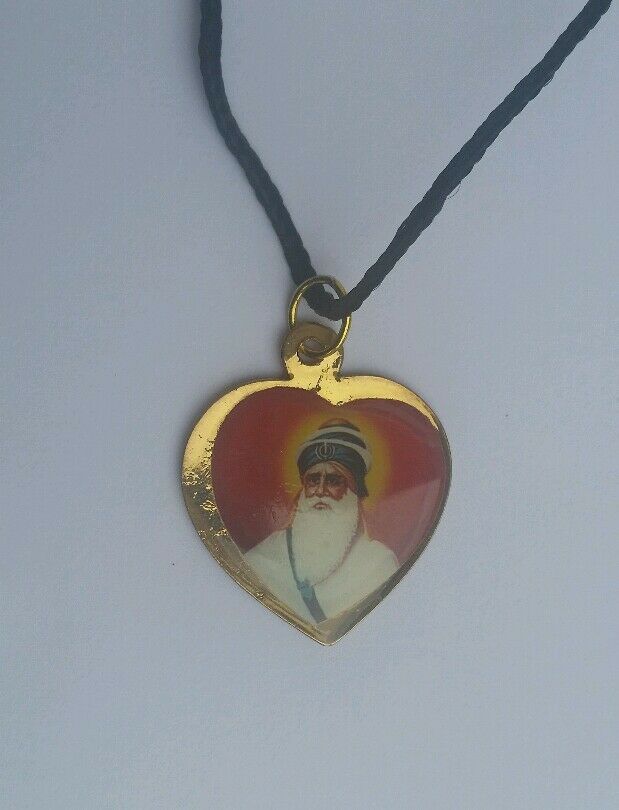 Sikh Double Sided Guru Nanak Ji Baba Deep Singh Ji Heart Pendant in black thread