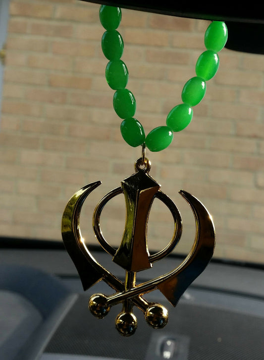 Gold Plated Punjabi Sikh Large Khanda Pendant Car Hanging in Green Beads