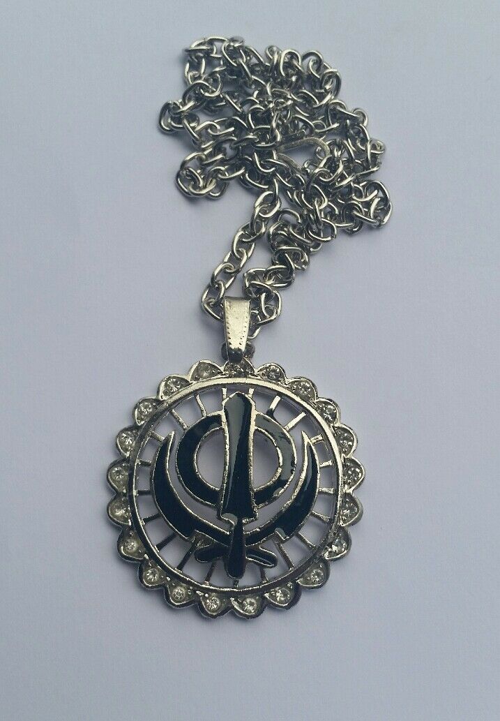 Silver Plated Stunning Stones Sikh Singh BLAC Khanda Large Pendant Car Mirror C2