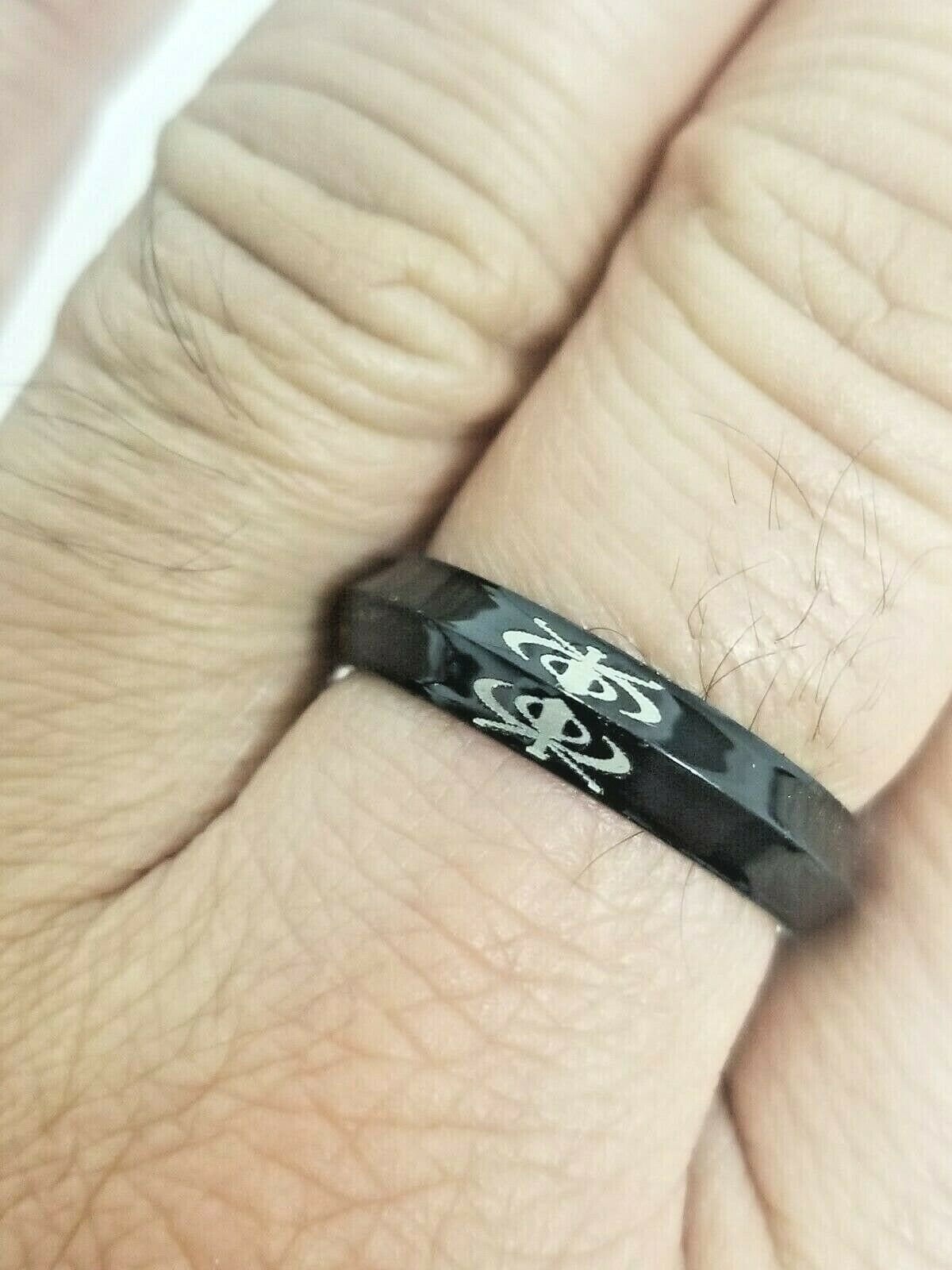 Stunning one edge laser engraved khanda sikh singh kaur khalsa black ring challa