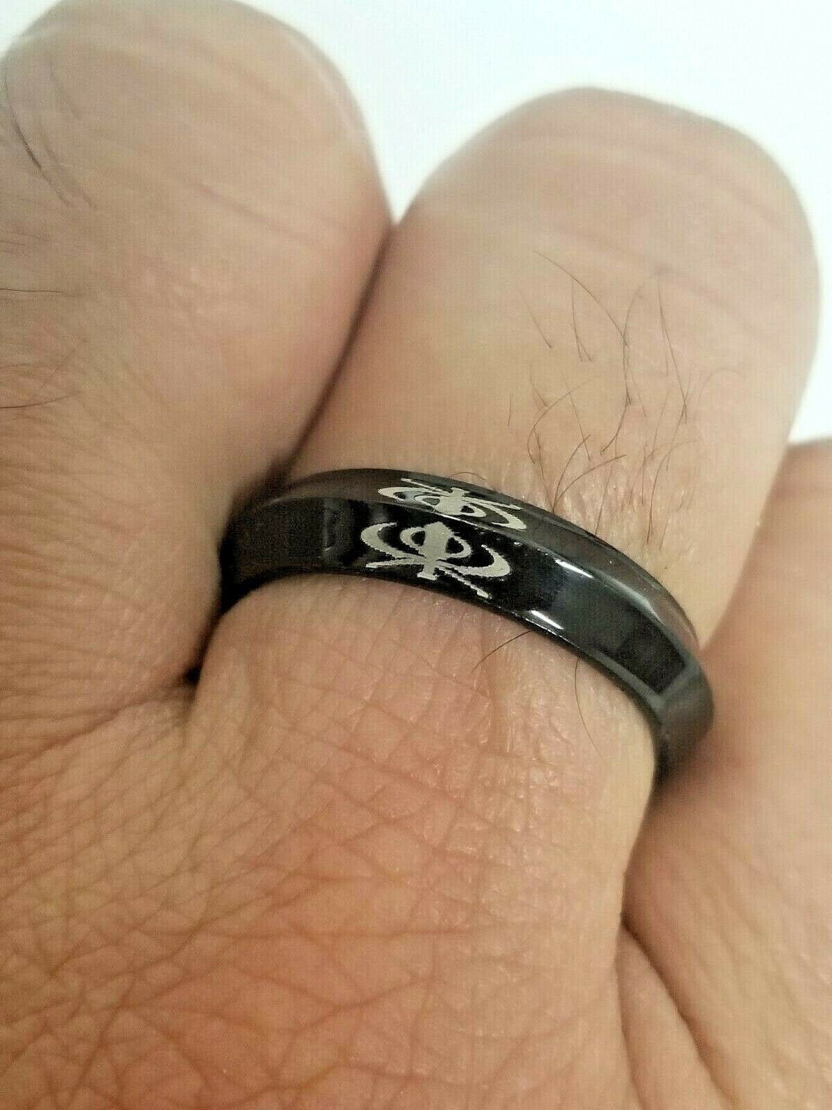 Stunning one edge laser engraved khanda sikh singh kaur khalsa black ring challa