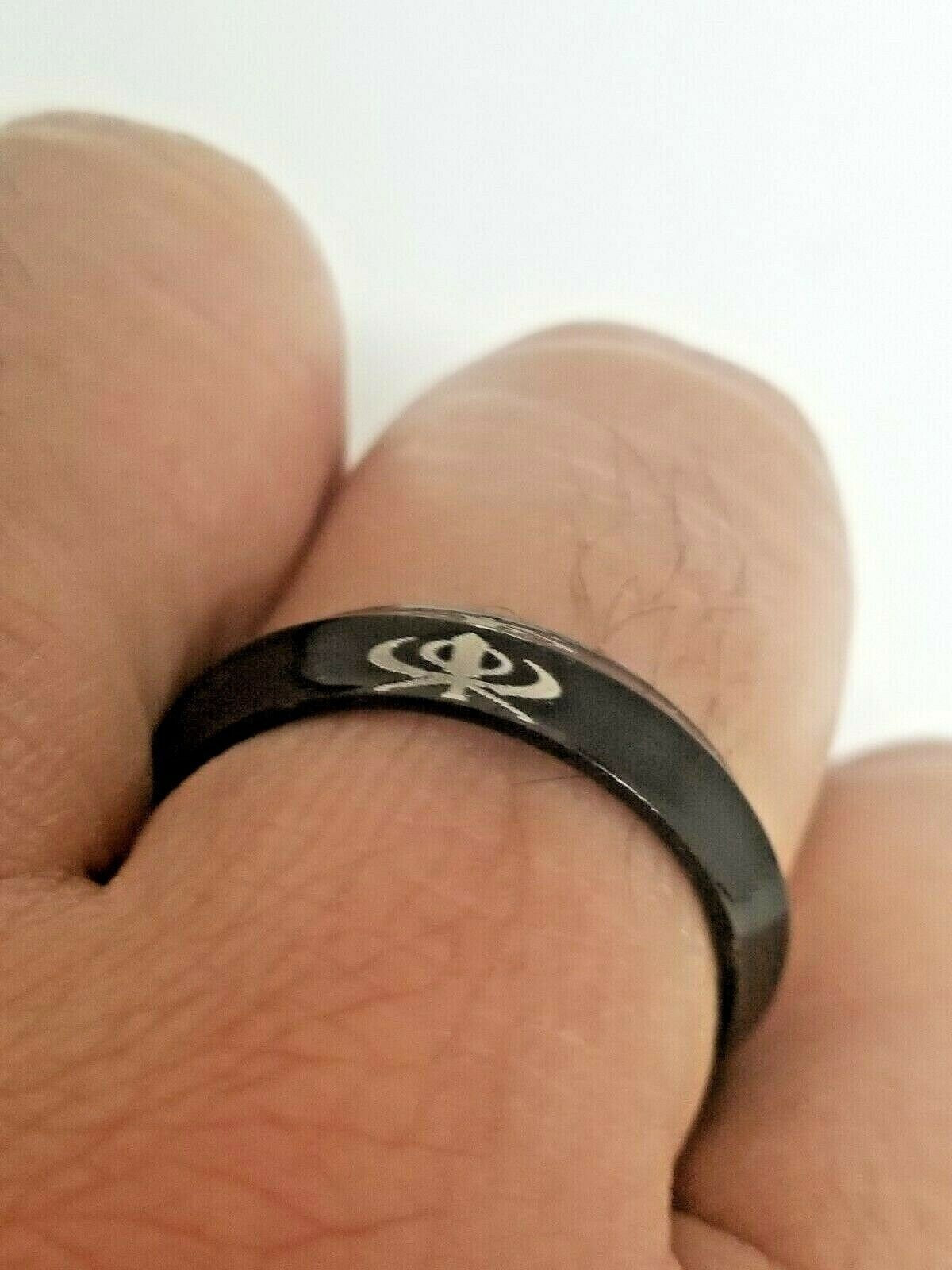 Stunning one edge laser engraved khanda sikh singh kaur khalsa black ring challa