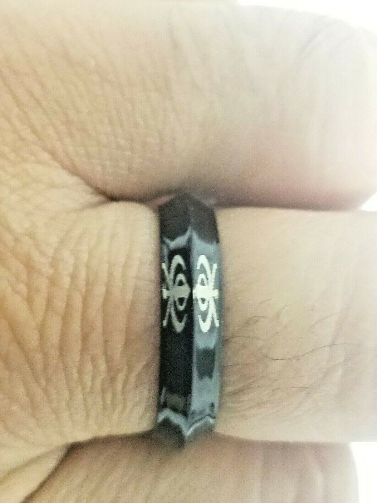 Stunning one edge laser engraved khanda sikh singh kaur khalsa black ring challa