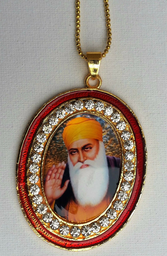 Gold plated stunning sikh singh guru nanak photo large pendant car red os106b