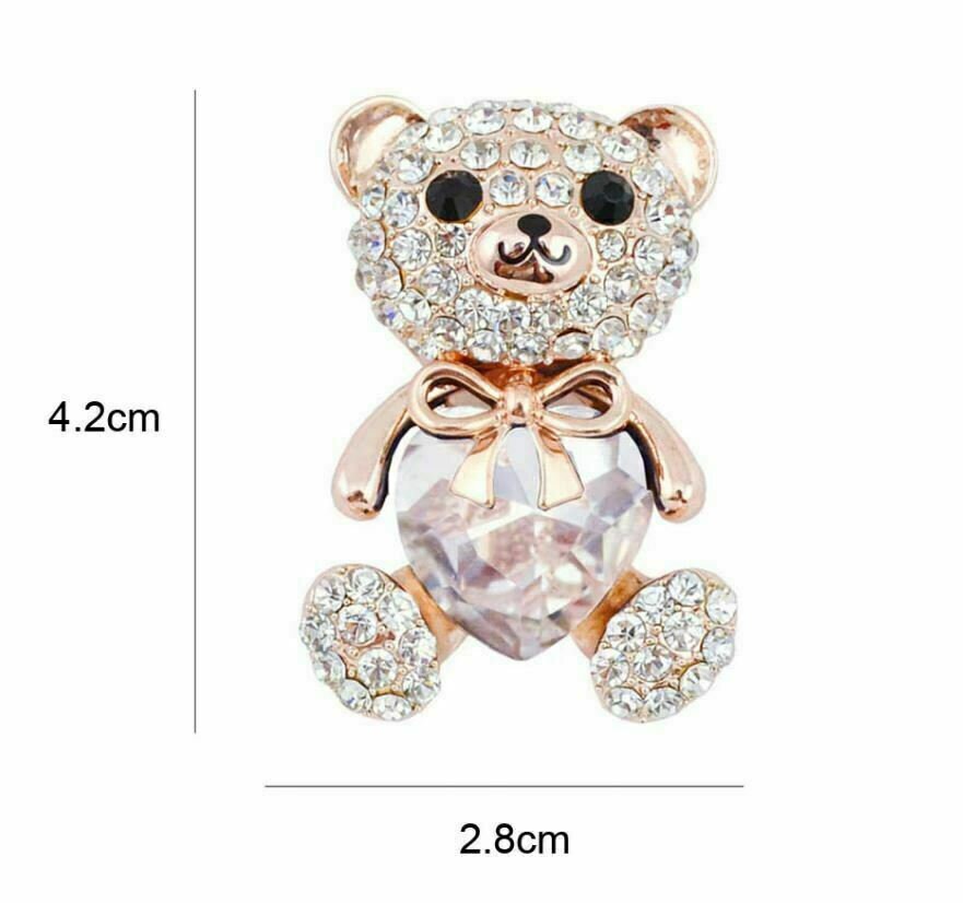 Stunning vintage look gold plated big clear heart bear brooch broach pin b56