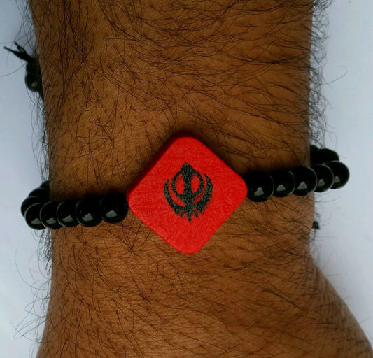 Unisex black thread and black beaded sikh red khanda bracelet - christmas gift