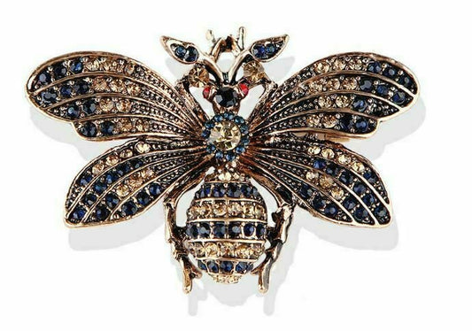 Stunning gold plated gold blue diamante honey bee brooch suit coat broach pin u5