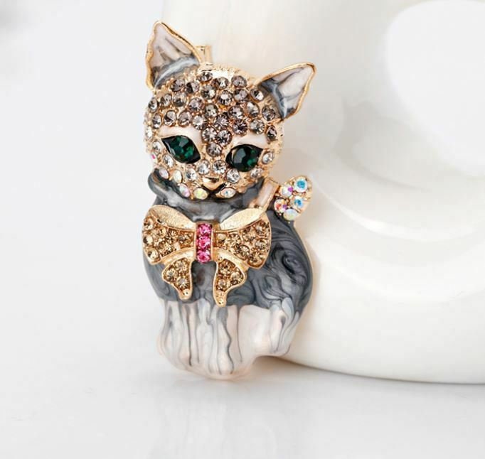 Stunning vintage look gold plated retro cat enamel celebrity brooch broach pin f