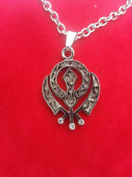 Unisex small stunning rhinestones silver plated punjabi sikh khanda pendant gift