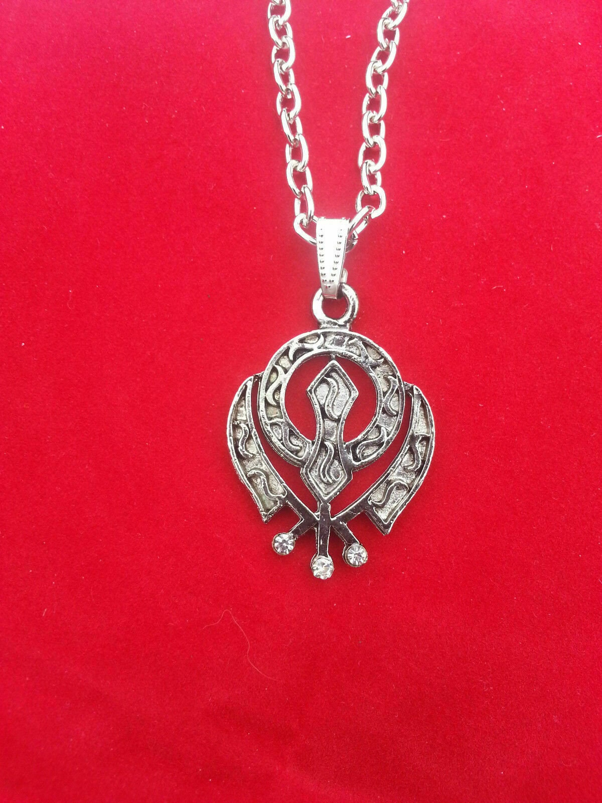 Unisex small stunning rhinestones silver plated punjabi sikh khanda pendant gift