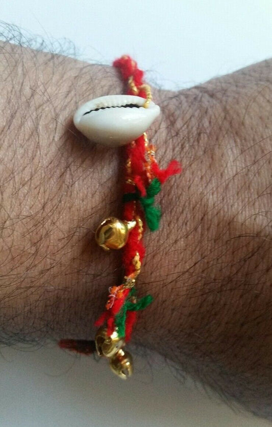 Talisman protection hindu three dangling bells konch shell kaudi lucky bracelet