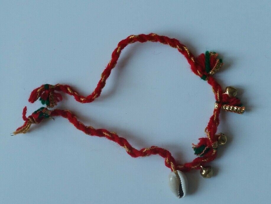 Talisman protection hindu three dangling bells konch shell kaudi lucky bracelet