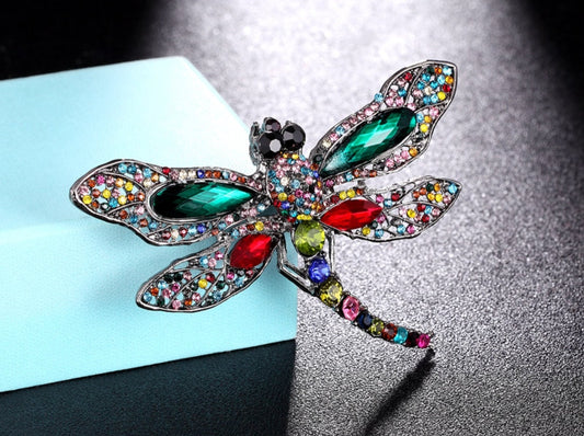 Dragonfly brooch silver plated multicolour stones broach vintage look pin ggg47