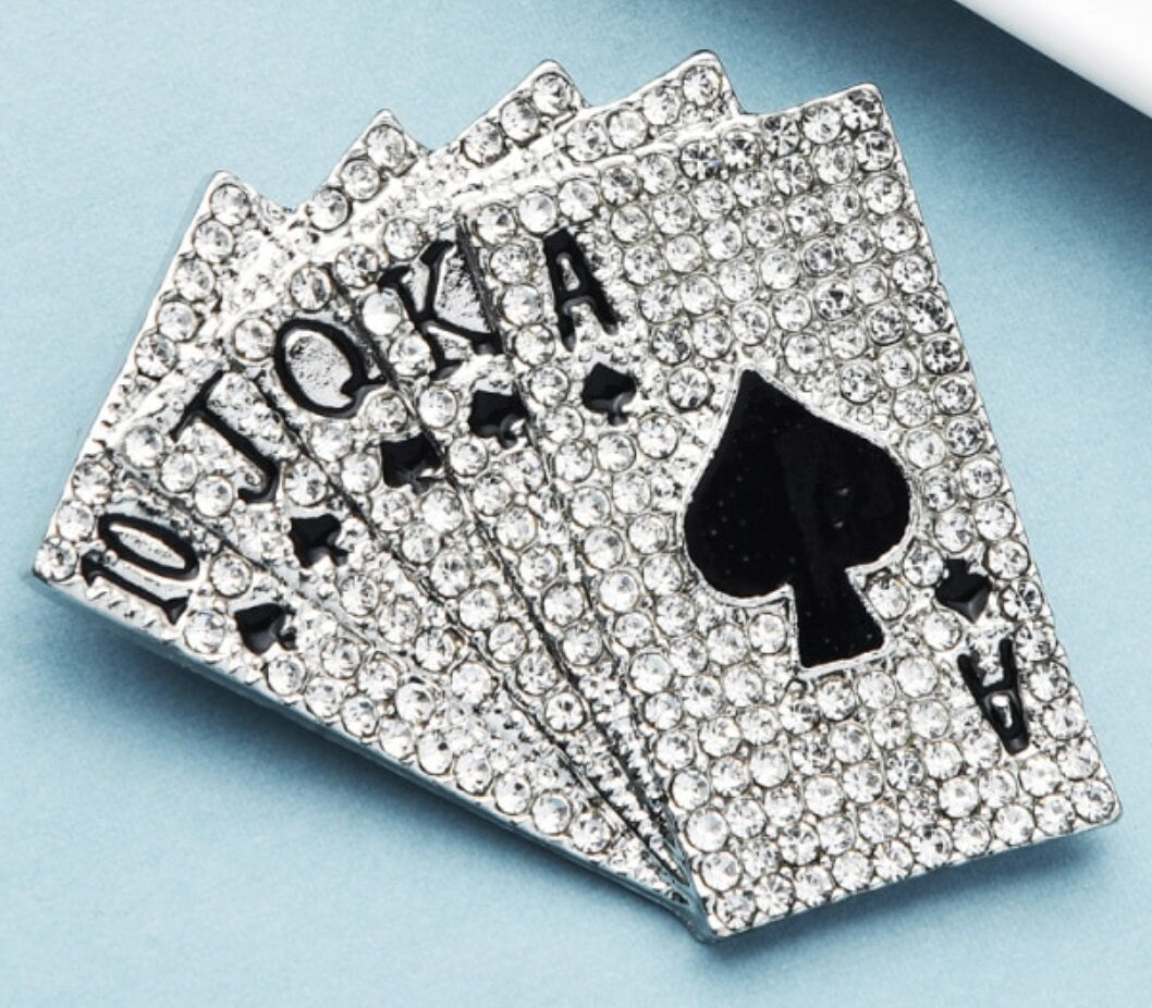 Poker cards brooch vintage look stunning diamonte silver plated christmas pin j8