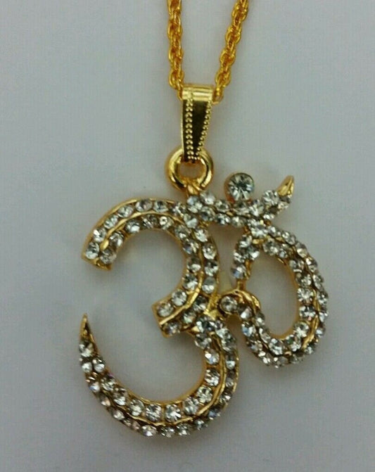 Unisex small stunning rhinestones gold plated punjabi hindu sikh om pendant