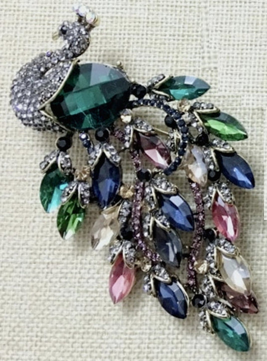 Multicolour peacock big brooch vintage look gold plated suit coat broach pin zy3