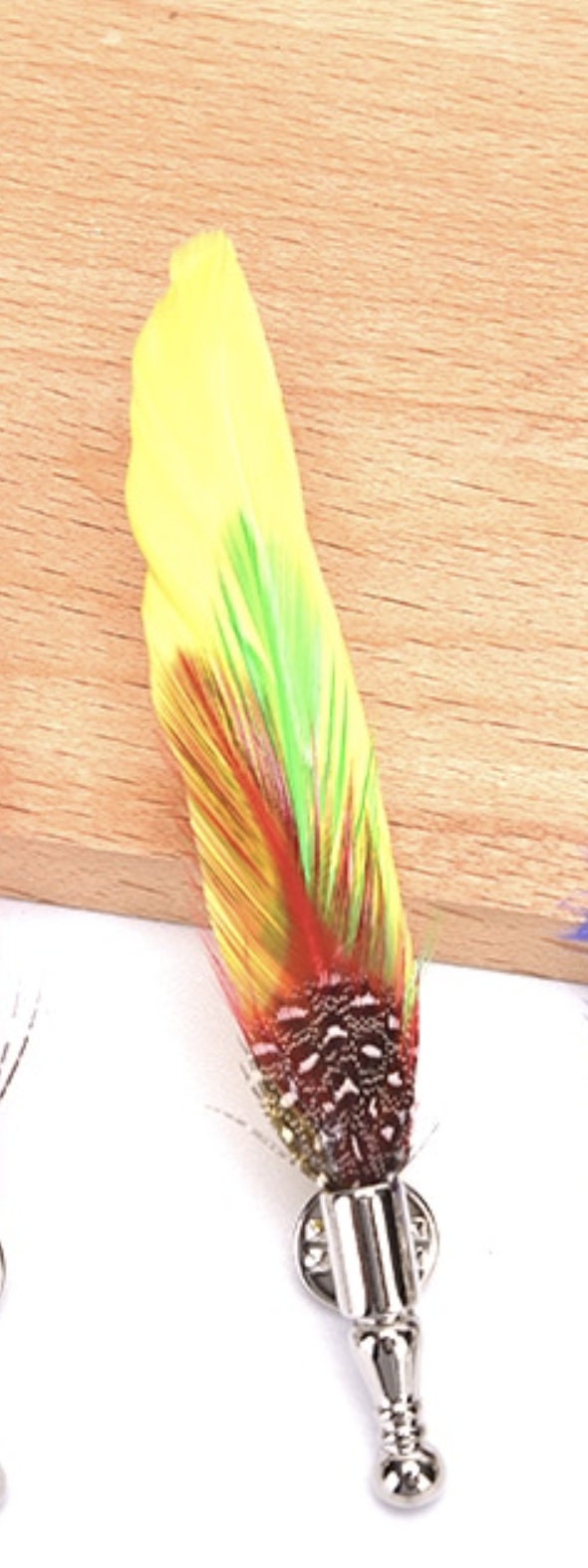 Colourful real feather brooch stunning silver plated vintage look lapel pin gg67