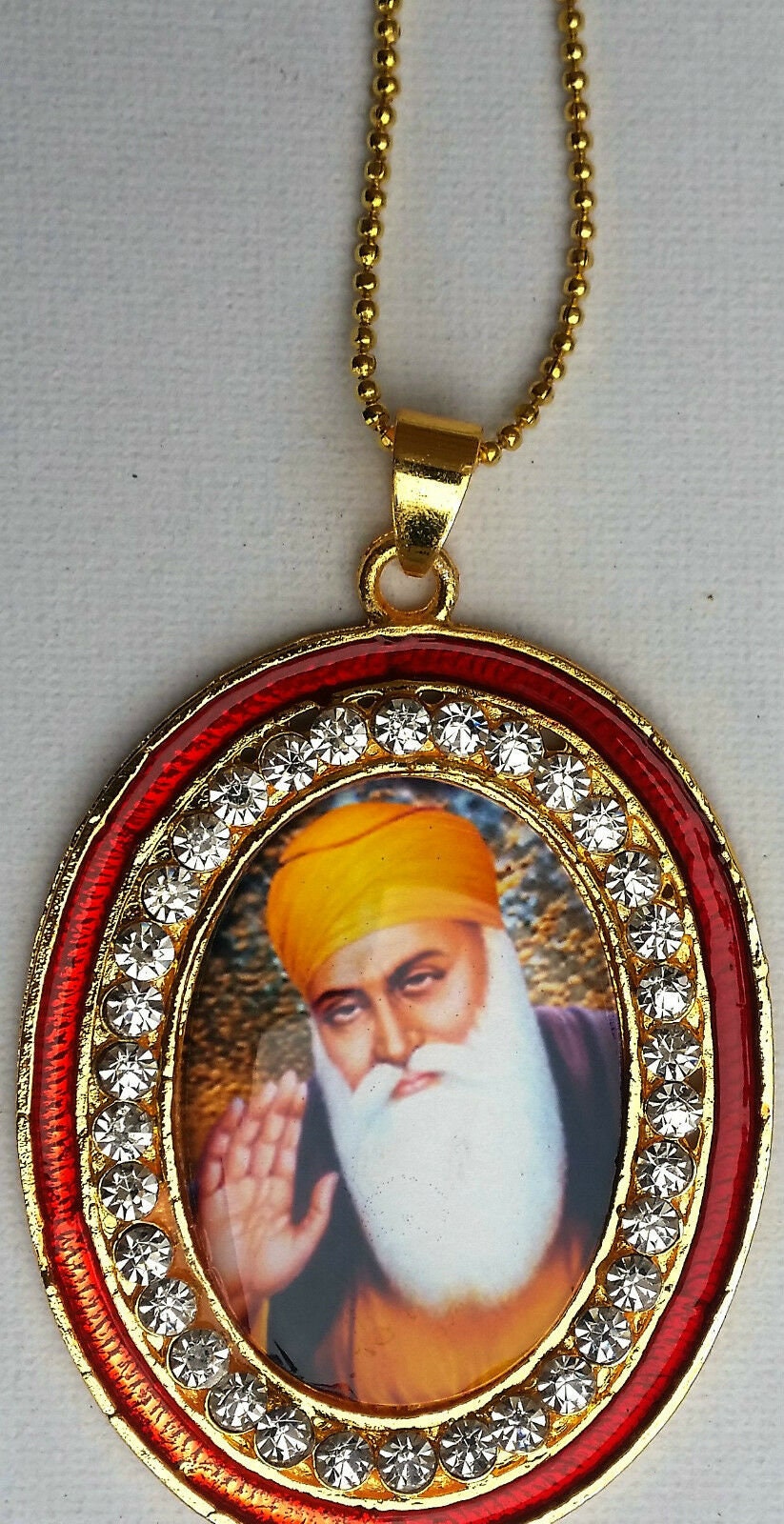 Gold plated stunning sikh singh guru nanak photo large pendant car red os106b