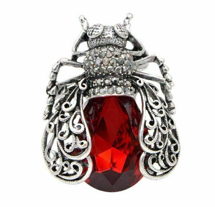 Vintage look silver plated red beetle brooch suit coat broach collar pin b480h