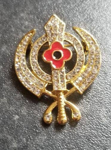 Sikh gold plated poppy khanda brooch for remembrance day