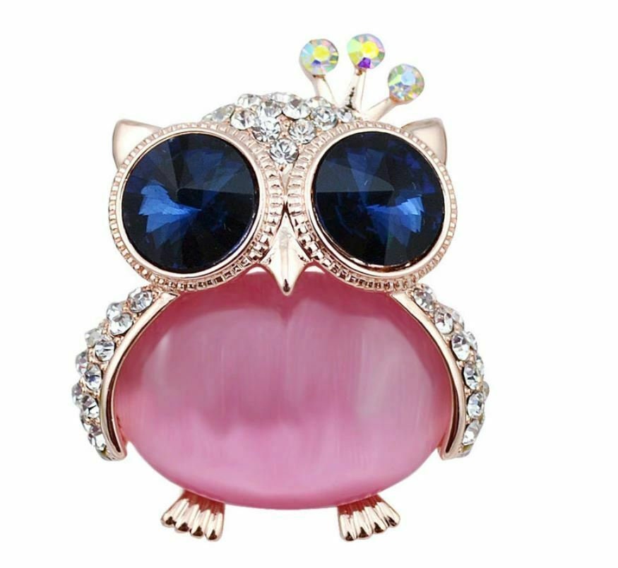 Stunning vintage look rose gold plated big owl blue eyes brooch broach pin z16