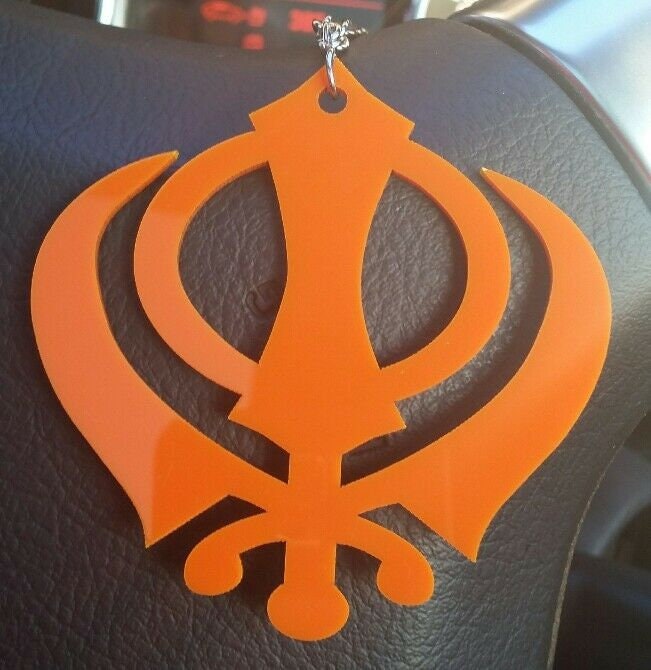 Orange acrylic small khanda punjabi sikh pendant car rear mirror hanging chain