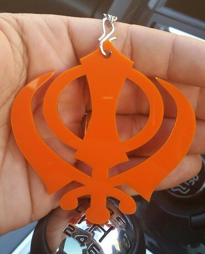 Orange acrylic small khanda punjabi sikh pendant car rear mirror hanging chain