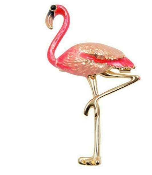 Stunning vintage look gold plated pink enamel big flamingo brooch broach pin b61