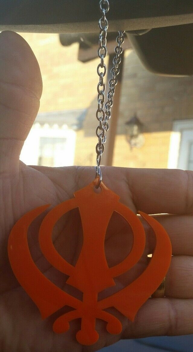 Orange acrylic small khanda punjabi sikh pendant car rear mirror hanging chain