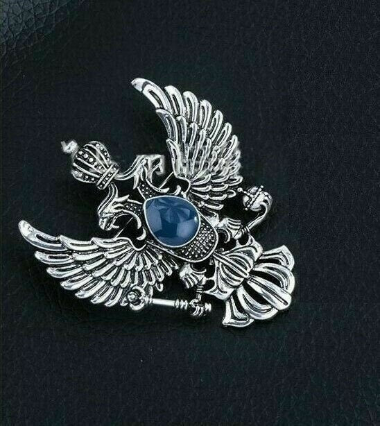 Vintage look silver plated double eagle design blue brooch broach crown pin b41