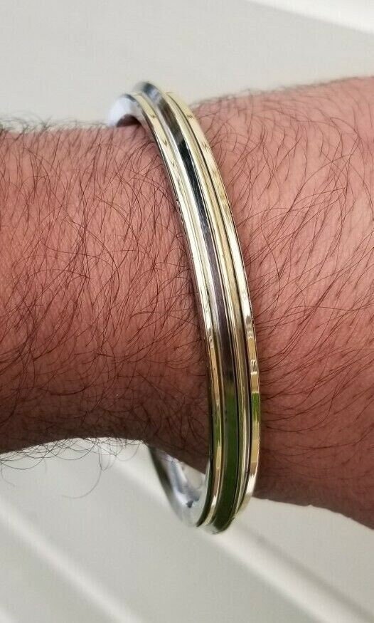 Sikh stainless steel kara smooth 3 brass lines collar kada singh kaur bangle b13