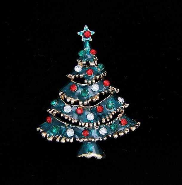 Stunning diamonte gold plated vintage look christmas tree brooch cake pin b4