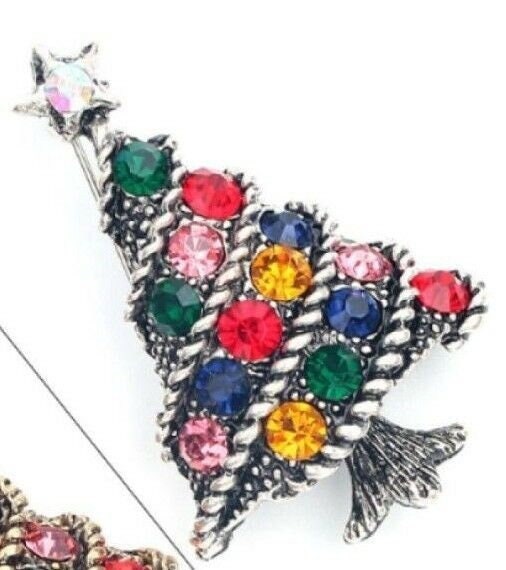 Stunning diamonte silver plated vintage look christmas tree brooch cake pin b1a