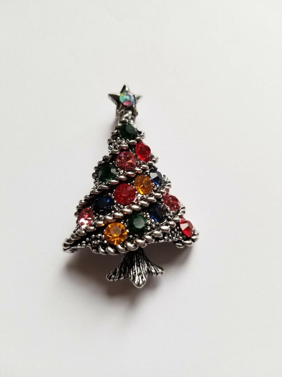 Stunning diamonte silver plated vintage look christmas tree brooch cake pin b1a