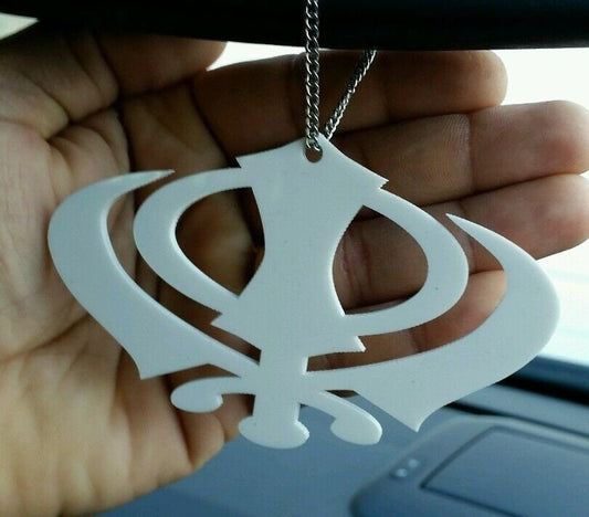 Wide white acrylic khanda punjabi sikh pendant car rear mirror hanging in chain