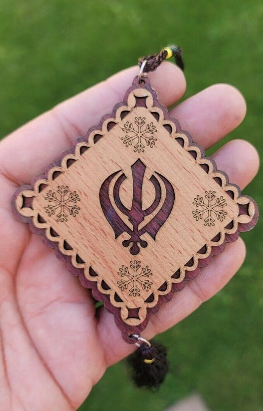 Punjabi sikh wooden khanda stunning pendant evil protection car hanger brown qq