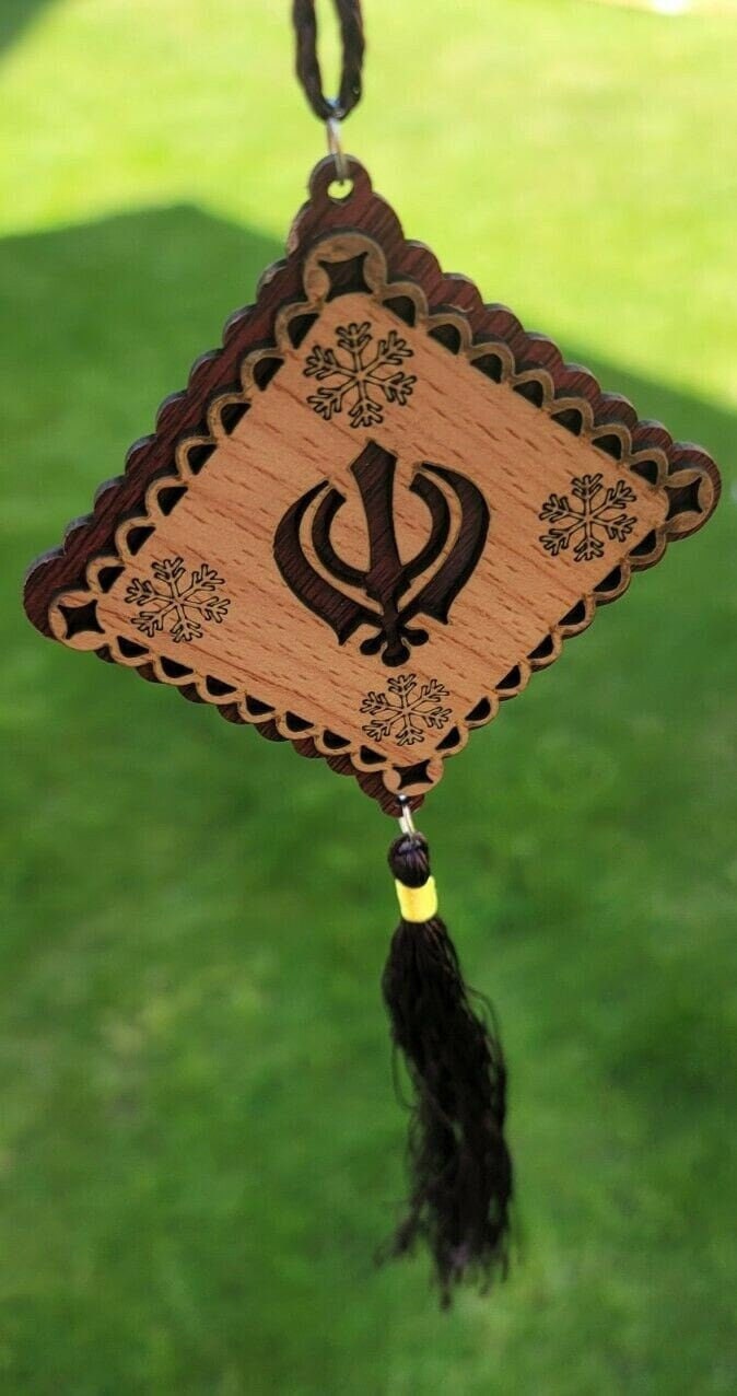 Punjabi sikh wooden khanda stunning pendant evil protection car hanger brown qq