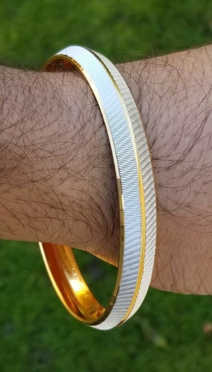 Sikh two tone gold silver plated design punjabi kada kara bangle bracelet aa11