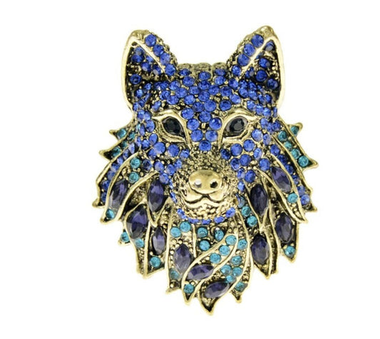 Wolf brooch blue or black vintage look celebrity broach gold plated pin ggg96