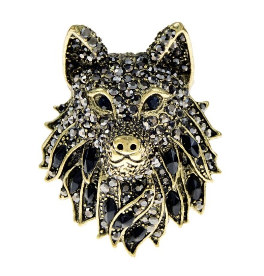 Wolf brooch blue or black vintage look celebrity broach gold plated pin ggg96