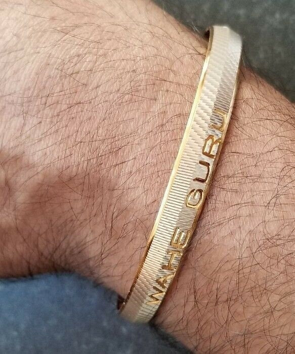 Two tone silver gold plated waheguru engraved sikh singh khalsa kara bangle t2