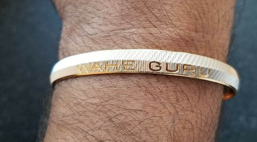 Two tone silver gold plated waheguru engraved sikh singh khalsa kara bangle t2