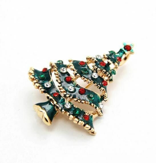 Stunning diamonte gold plated vintage look christmas tree brooch cake pin b4