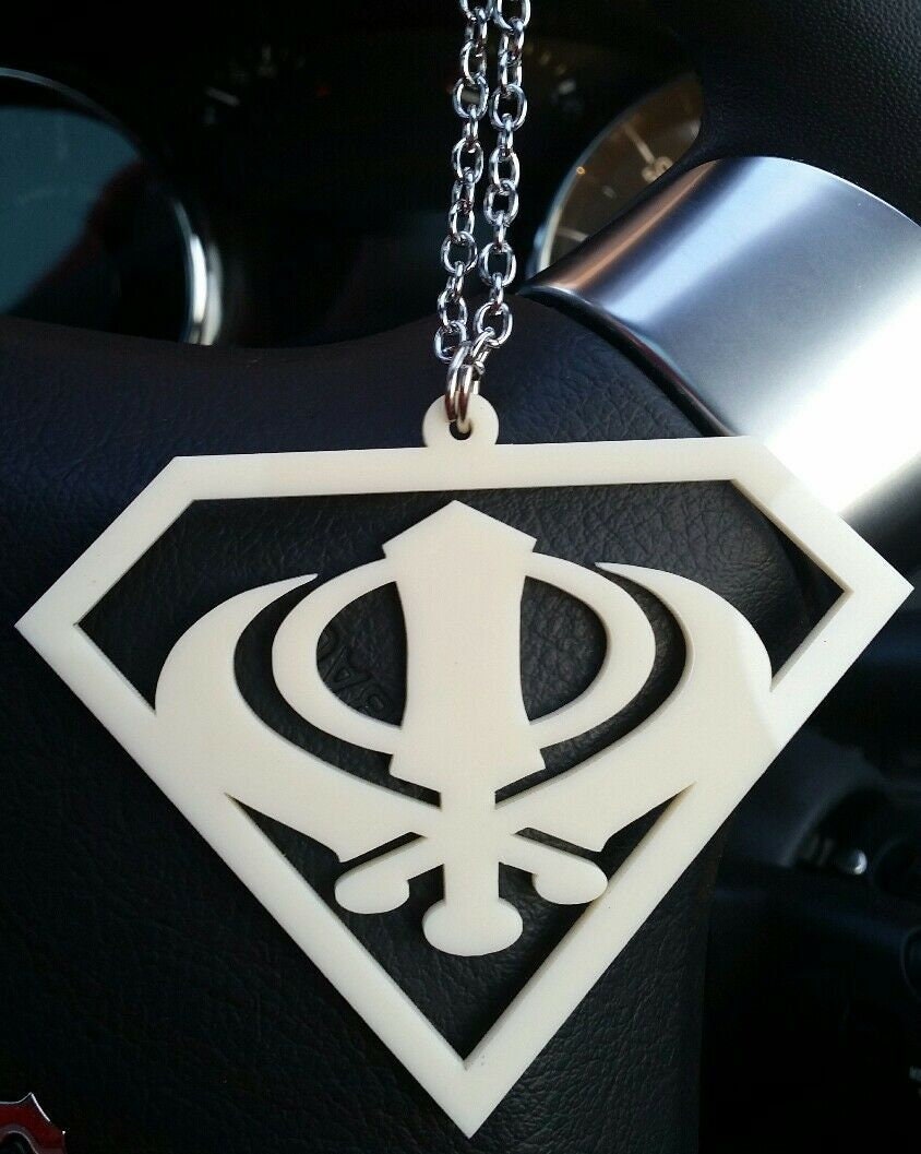 Cream acrylic khanda punjabi sikh singh kaur pendant car mirror hanging chain ss